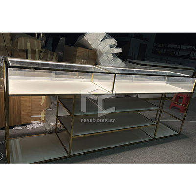 Tempered Glass Jewellery Shop Counter Display Cabinet Golden Color